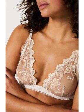 🆕ETAM Sheer Mesh Palmes Triangle Bralette Bra 36C Cream Gold